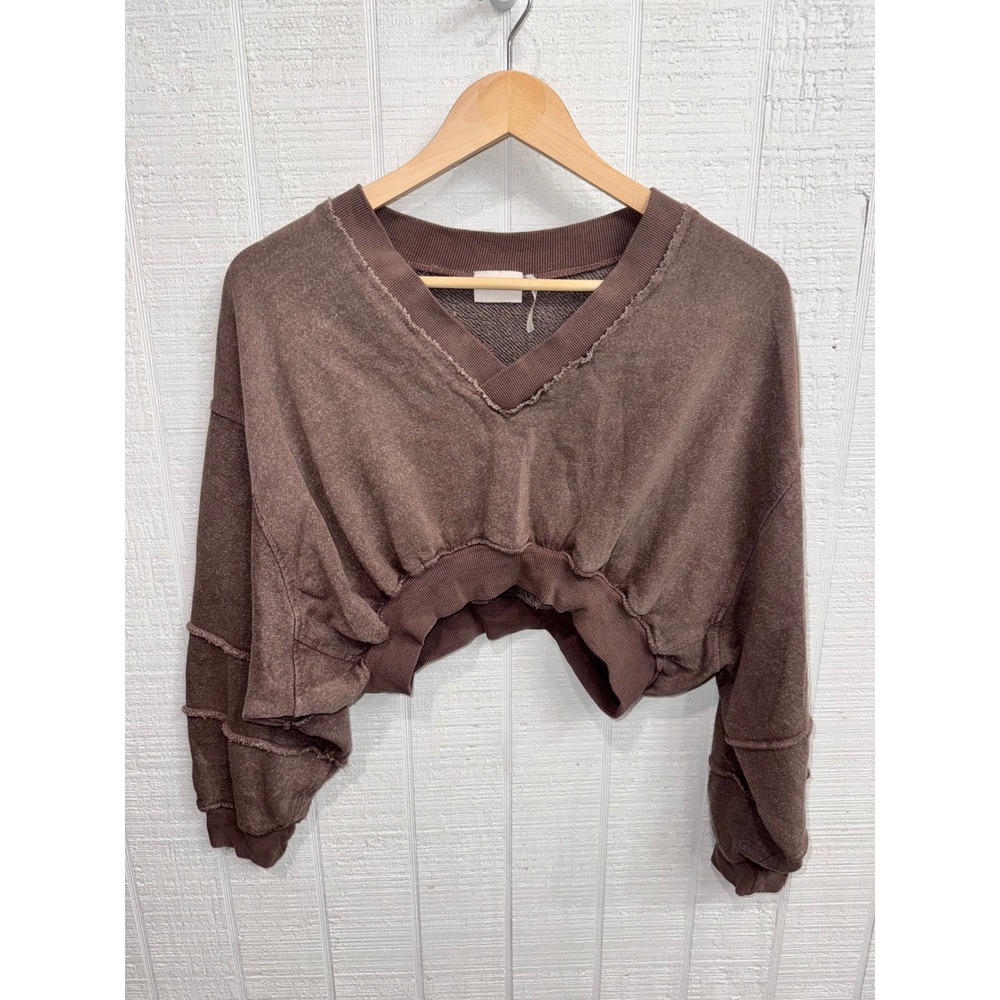 Out From Under Sweatshirt Women Brown Mineral Wash Cropped Raw Edge V-Neck S